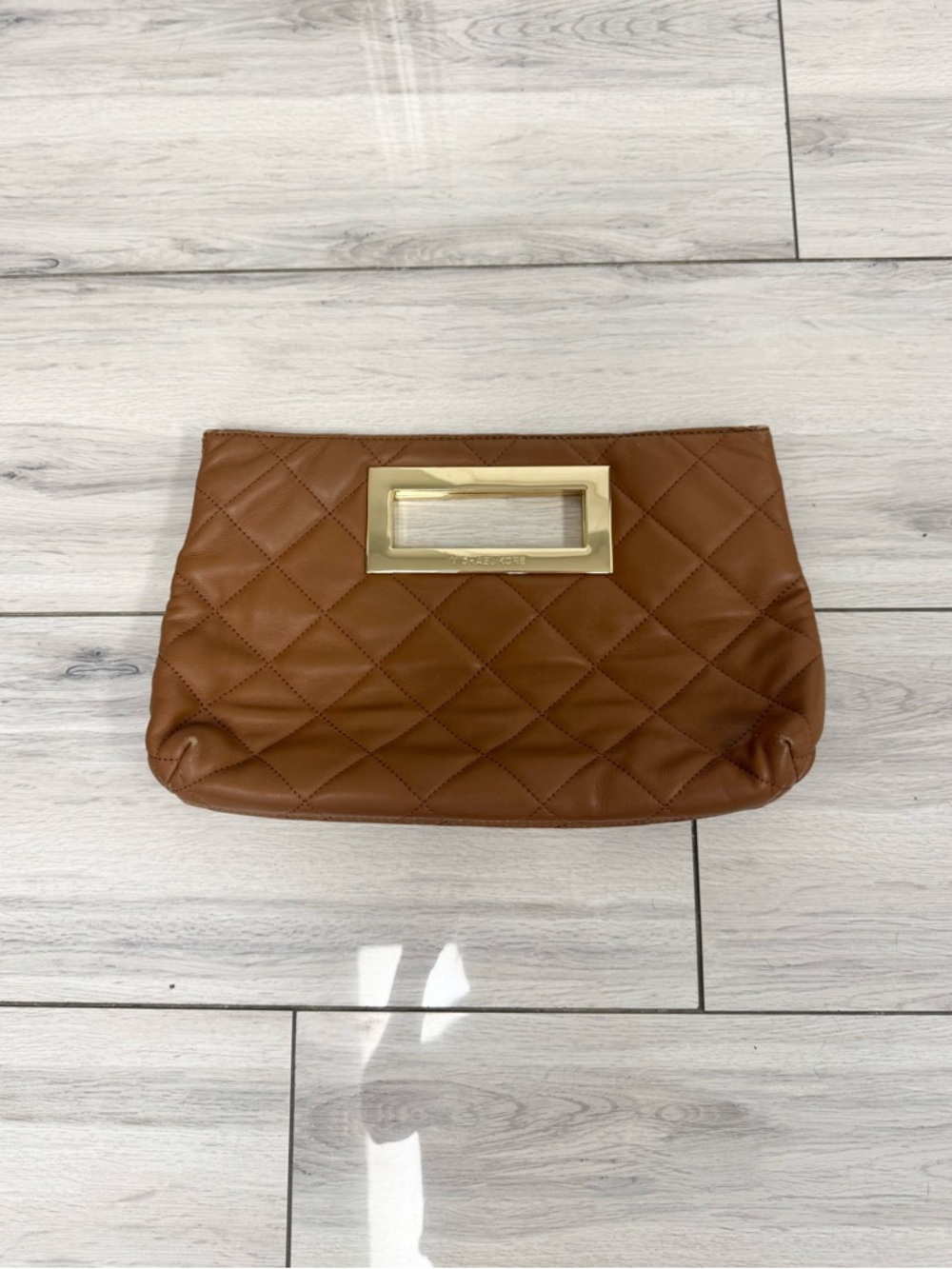 Michael Kors Quilted Brown Leather Clutch with Gold Handle